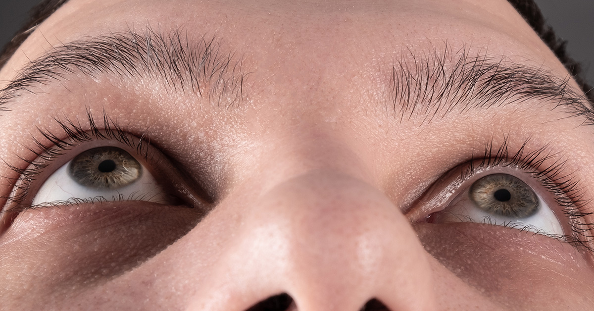 Closeup of eyebrows and eyelashes.