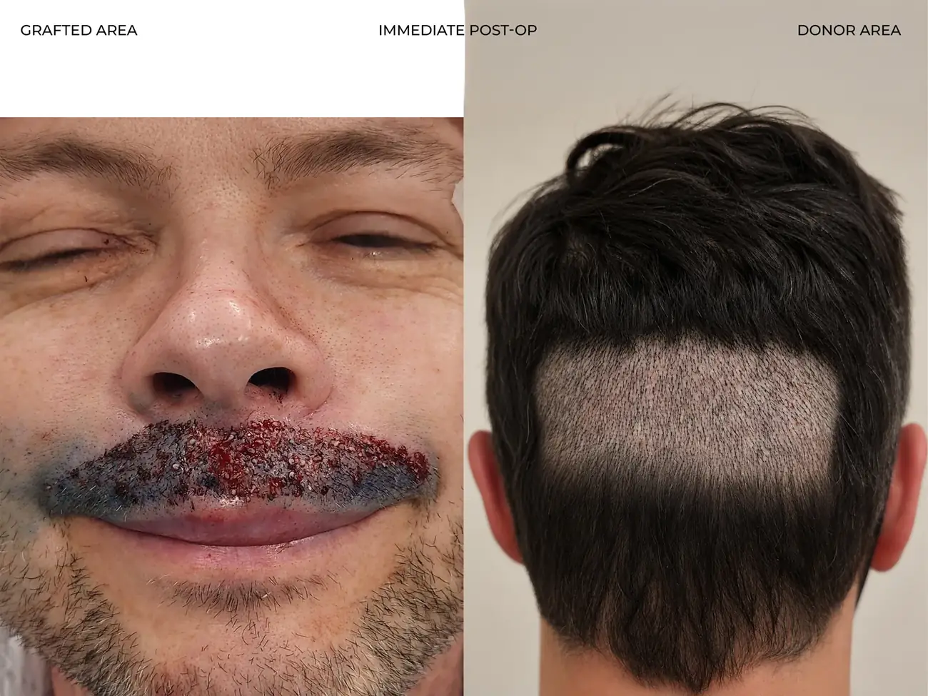 Top-down view before and after FUE — lip trauma repair, 275 grafts, 44 year old man